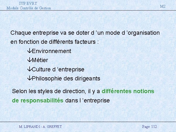 IUP EVRY Module Contrôle de Gestion M 2 Chaque entreprise va se doter d