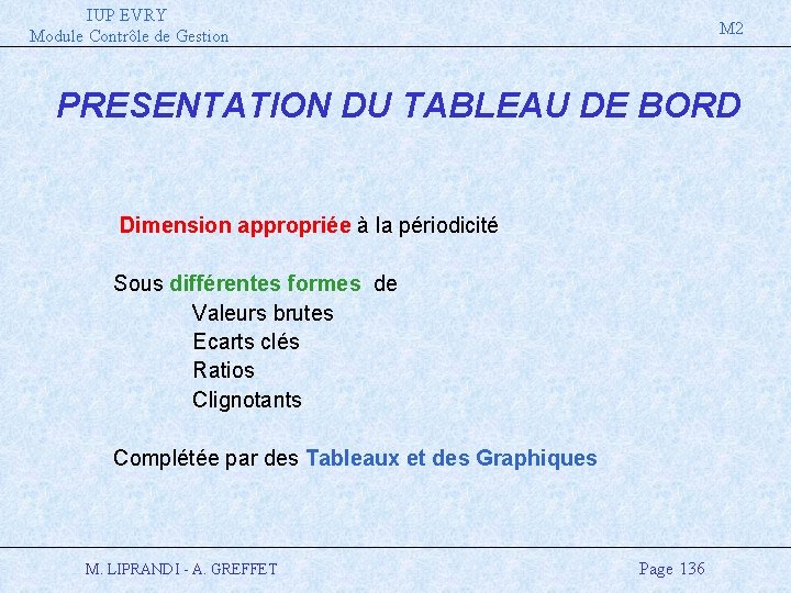 IUP EVRY Module Contrôle de Gestion M 2 PRESENTATION DU TABLEAU DE BORD Dimension