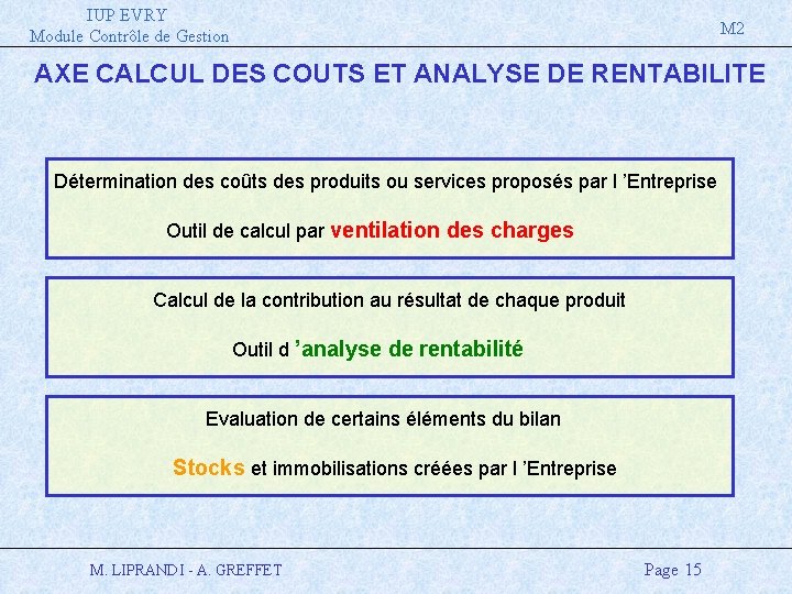 IUP EVRY Module Contrôle de Gestion M 2 AXE CALCUL DES COUTS ET ANALYSE
