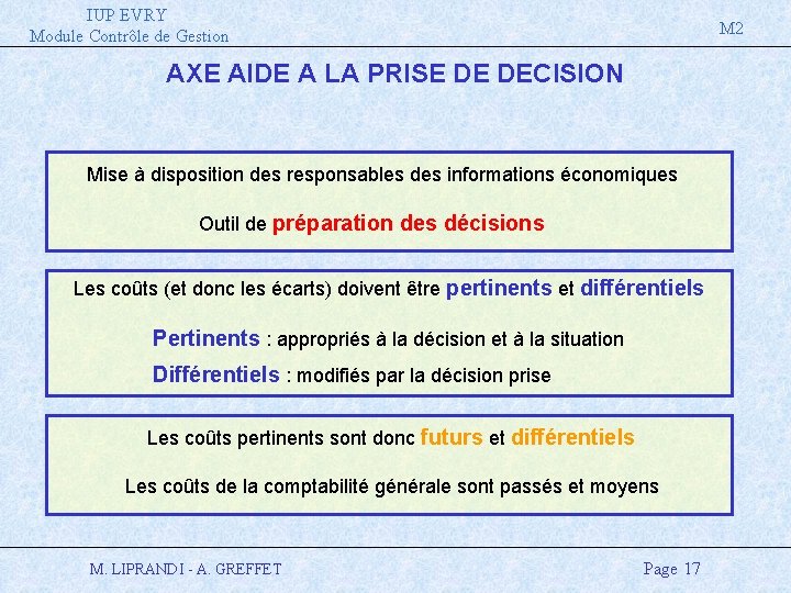 IUP EVRY Module Contrôle de Gestion M 2 AXE AIDE A LA PRISE DE