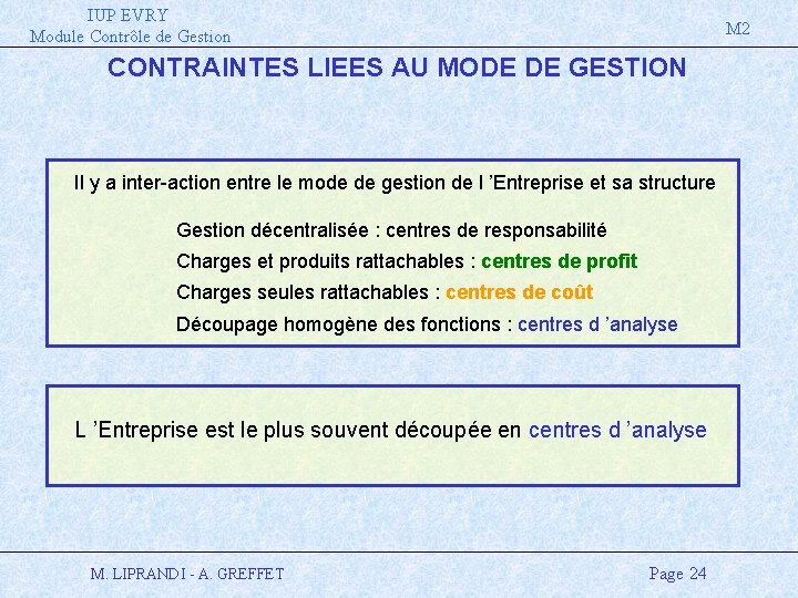 IUP EVRY Module Contrôle de Gestion M 2 CONTRAINTES LIEES AU MODE DE GESTION