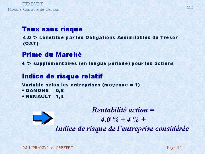 IUP EVRY Module Contrôle de Gestion M 2 Taux sans risque 4, 0 %