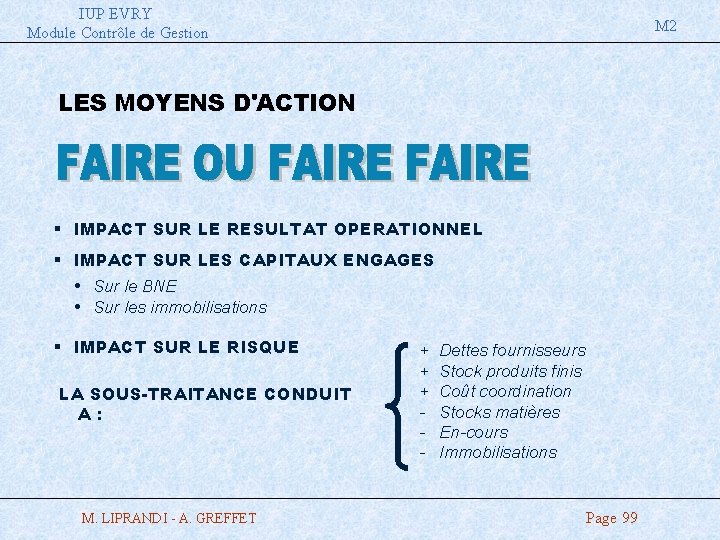 IUP EVRY Module Contrôle de Gestion M 2 LES MOYENS D'ACTION § IMPACT SUR