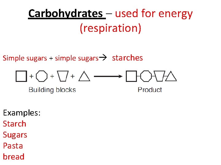 Carbohydrates – used for energy (respiration) Simple sugars + simple sugars starches Examples: Starch