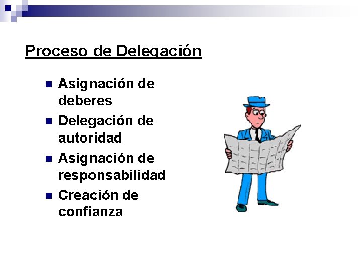 Proceso de Delegación n n Asignación de deberes Delegación de autoridad Asignación de responsabilidad