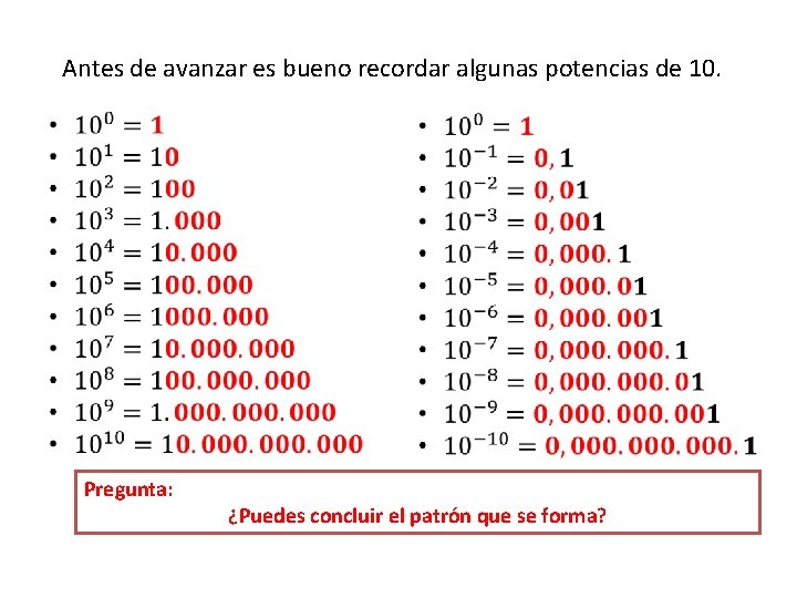 Antes de avanzar es bueno recordar algunas potencias de 10. Pregunta: ¿Puedes concluir el