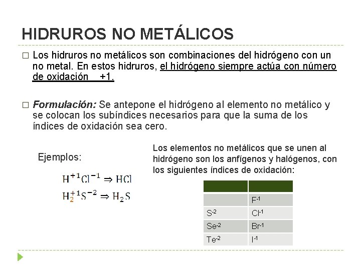 HIDRUROS NO METÁLICOS � Los hidruros no metálicos son combinaciones del hidrógeno con un
