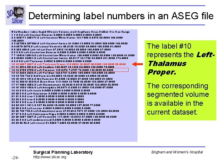 Determining label numbers in an ASEG file # Col. Headers Index Seg. Id NVoxels