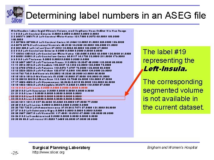 Determining label numbers in an ASEG file # Col. Headers Index Seg. Id NVoxels