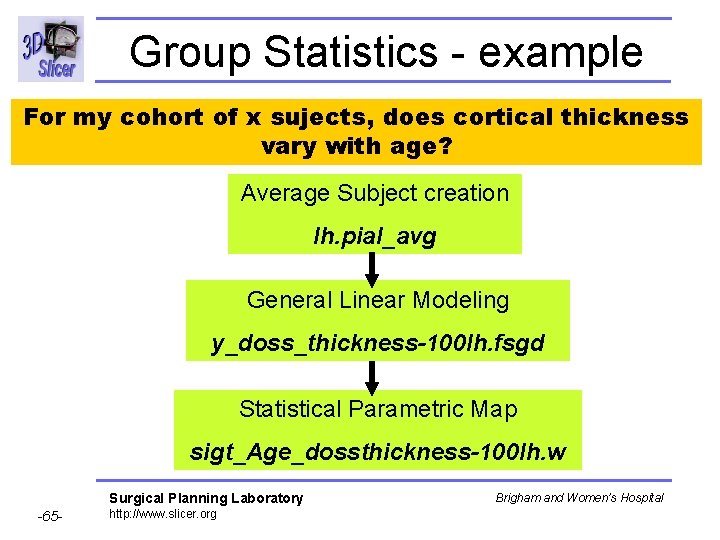 Group Statistics - example For my cohort of x sujects, does cortical thickness vary