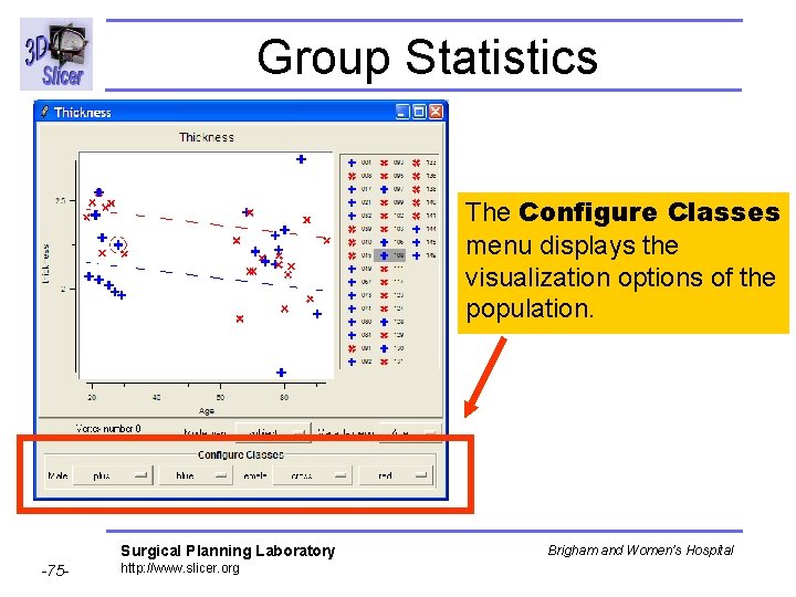 Group Statistics The Configure Classes menu displays the visualization options of the population. Surgical