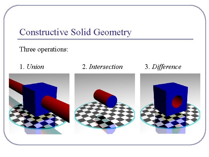 Constructive Solid Geometry Three operations: 1. Union 2. Intersection 3. Difference 