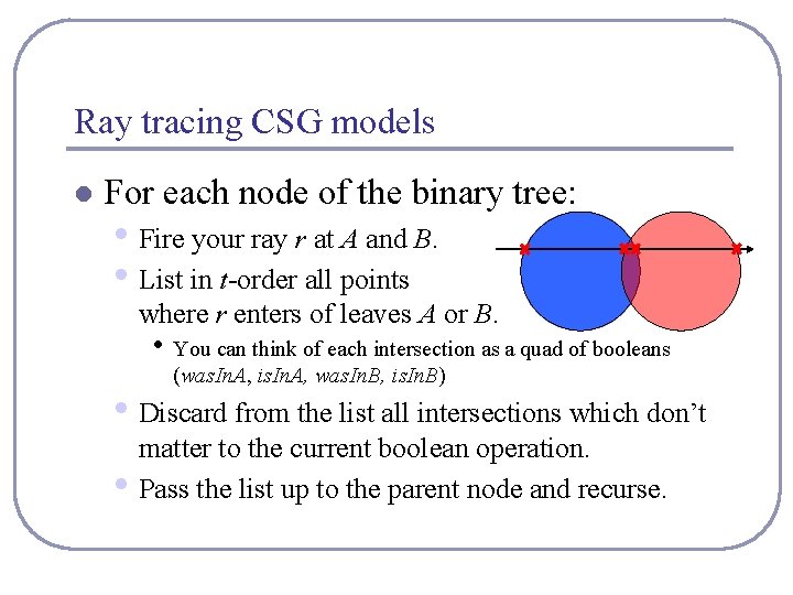 Ray tracing CSG models l For each node of the binary tree: • Fire