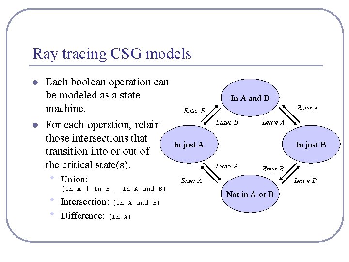 Ray tracing CSG models l l Each boolean operation can be modeled as a