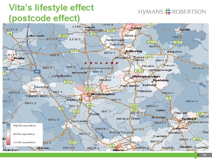 Vita’s lifestyle effect (postcode effect) High life expectancy Mid life expectancy Low life expectancy