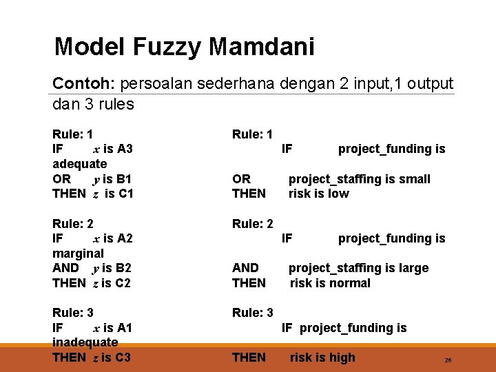 Model Fuzzy Mamdani Contoh: persoalan sederhana dengan 2 input, 1 output dan 3 rules