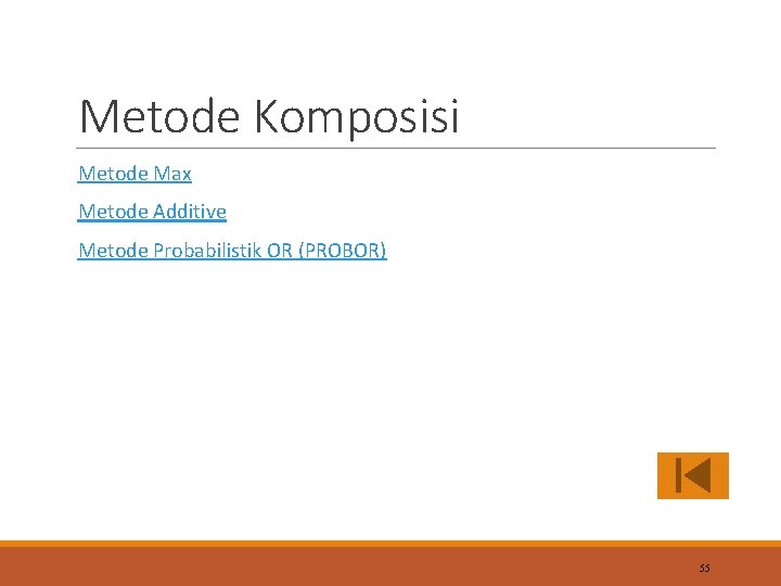 Metode Komposisi Metode Max Metode Additive Metode Probabilistik OR (PROBOR) 55 