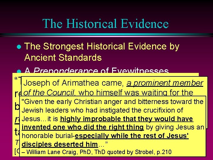 The Historical Evidence The Strongest Historical Evidence by Ancient Standards l A Preponderance of