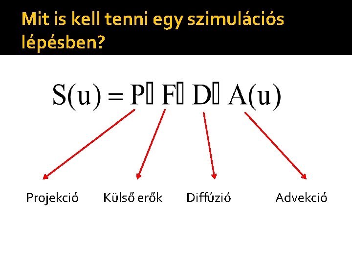 Mit is kell tenni egy szimulációs lépésben? Projekció Külső erők Diffúzió Advekció 