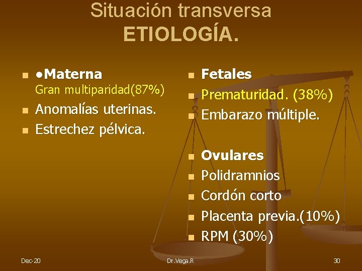 Situación transversa ETIOLOGÍA. n ●Materna Gran multiparidad(87%) n n Anomalías uterinas. Estrechez pélvica. n
