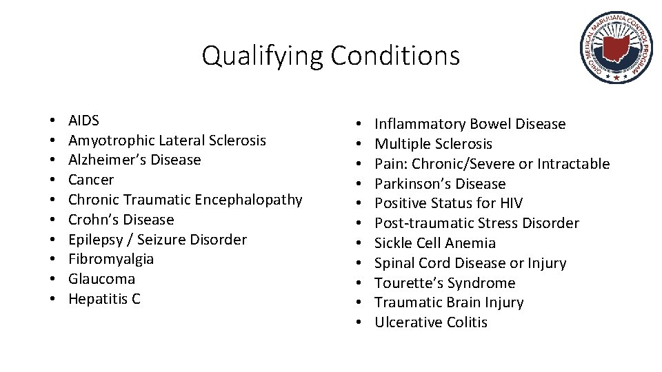 Qualifying Conditions • • • AIDS Amyotrophic Lateral Sclerosis Alzheimer’s Disease Cancer Chronic Traumatic