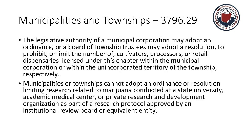 Municipalities and Townships – 3796. 29 • The legislative authority of a municipal corporation