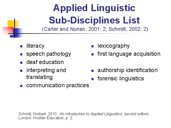 Applied Linguistic Sub-Disciplines List (Carter and Nunan, 2001: 2; Schmitt, 2002: 2) n n