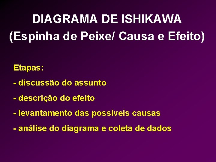 DIAGRAMA DE ISHIKAWA (Espinha de Peixe/ Causa e Efeito) Etapas: - discussão do assunto