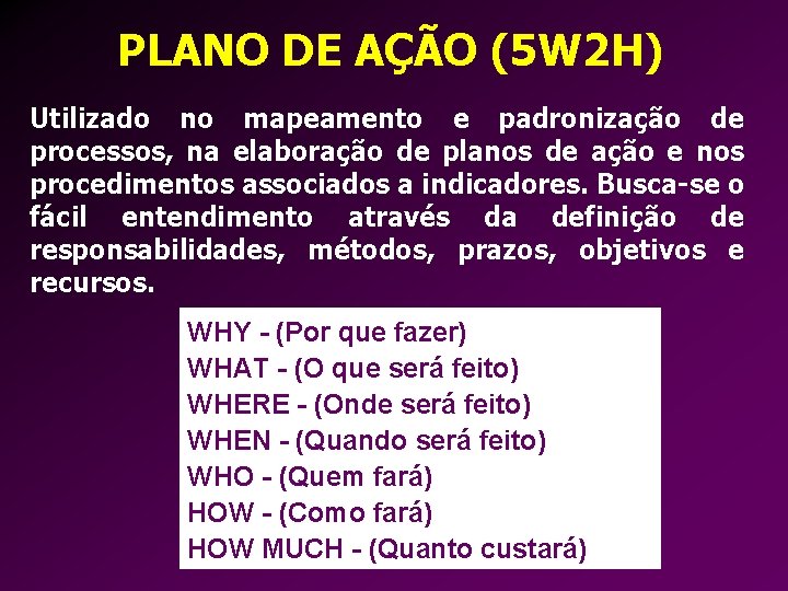 PLANO DE AÇÃO (5 W 2 H) Utilizado no mapeamento e padronização de processos,