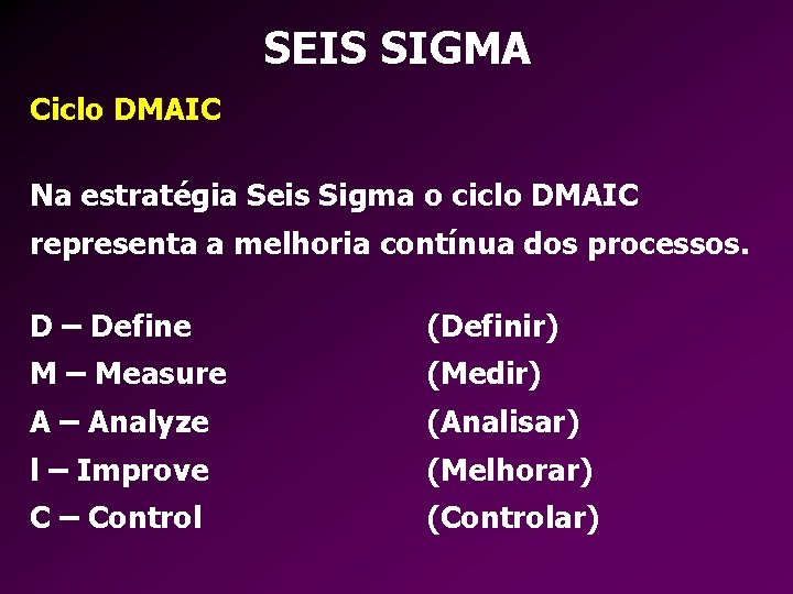 SEIS SIGMA Ciclo DMAIC Na estratégia Seis Sigma o ciclo DMAIC representa a melhoria