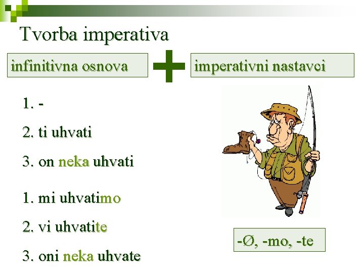 Tvorba imperativa infinitivna osnova imperativni nastavci 1. 2. ti uhvati 3. on neka uhvati