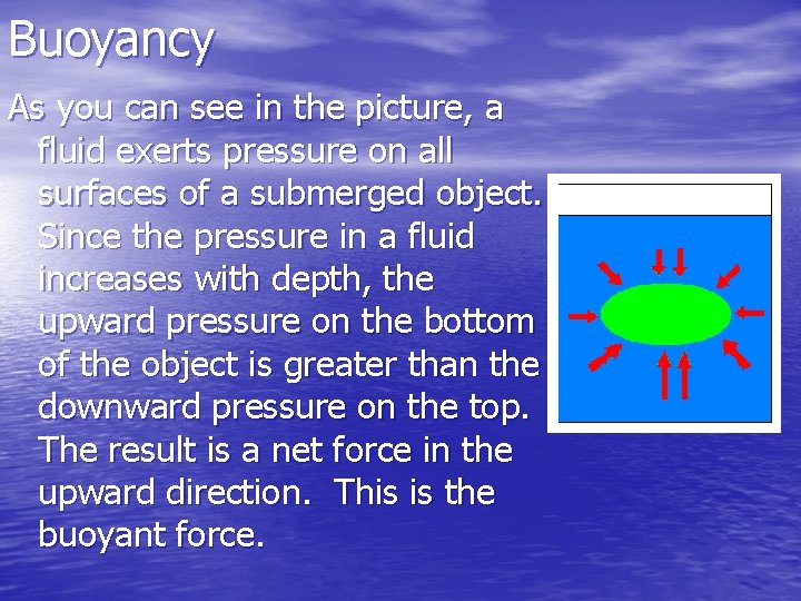Buoyancy As you can see in the picture, a fluid exerts pressure on all