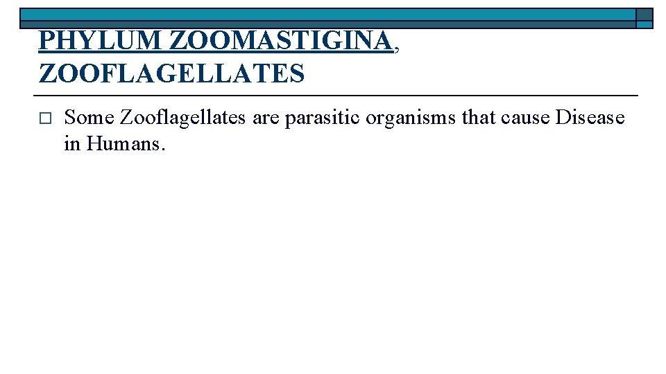 PHYLUM ZOOMASTIGINA, ZOOFLAGELLATES o Some Zooflagellates are parasitic organisms that cause Disease in Humans.