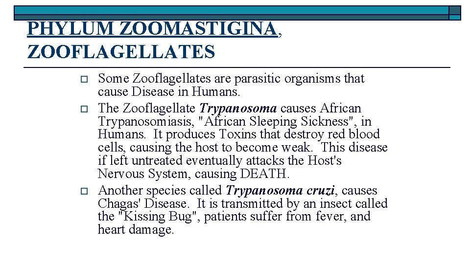 PHYLUM ZOOMASTIGINA, ZOOFLAGELLATES o o o Some Zooflagellates are parasitic organisms that cause Disease