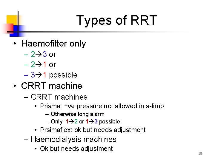 Types of RRT • Haemofilter only – 2 3 or – 2 1 or