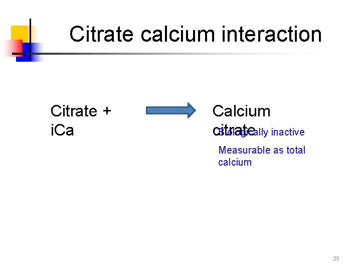 Citrate calcium interaction Citrate + i. Ca Calcium citrate Biologically inactive Measurable as total