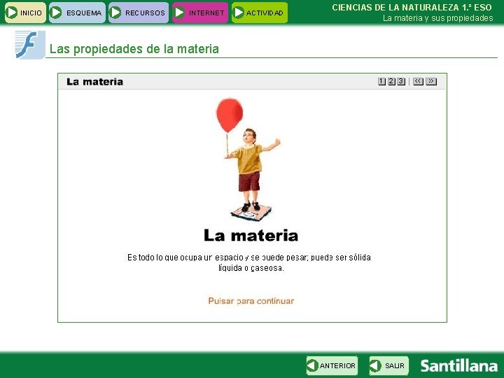 INICIO ESQUEMA RECURSOS INTERNET ACTIVIDAD CIENCIAS DE LA NATURALEZA 1. º ESO La materia