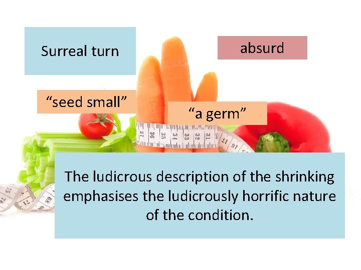 Surreal turn “seed small” absurd “a germ” The ludicrous description of the shrinking emphasises