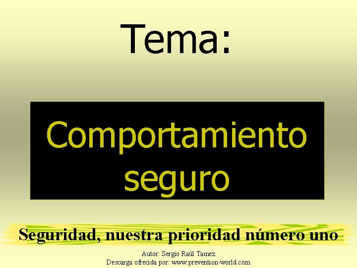 Tema: Comportamiento seguro Seguridad, nuestra prioridad número uno Autor: Sergio Raúl Tamez Descarga ofrecida