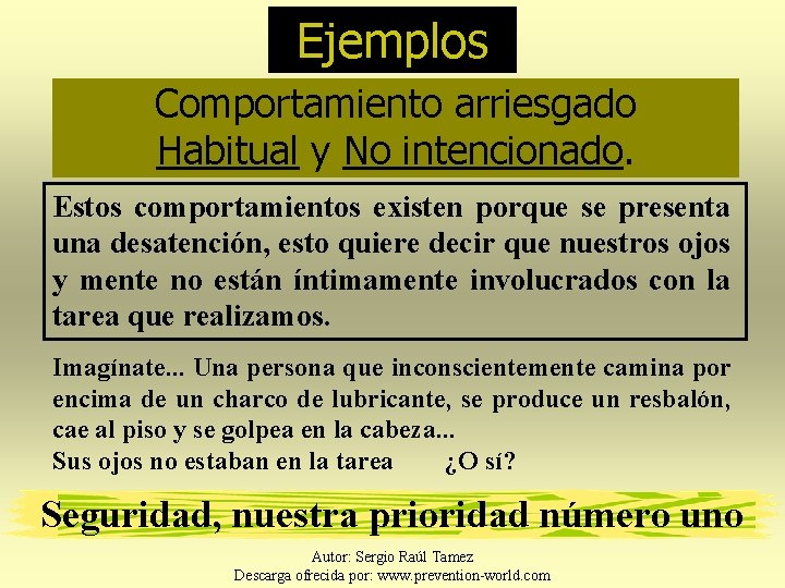 Ejemplos Comportamiento arriesgado Habitual y No intencionado. Estos comportamientos existen porque se presenta una