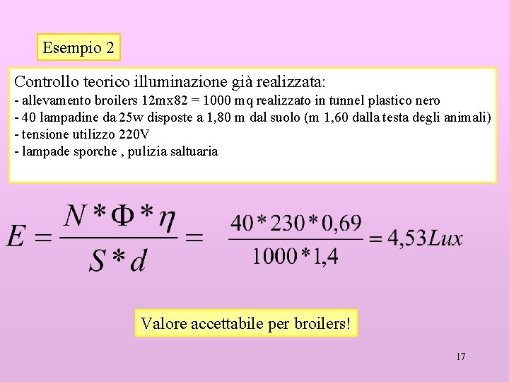 Esempio 2 Controllo teorico illuminazione già realizzata: - allevamento broilers 12 mx 82 =