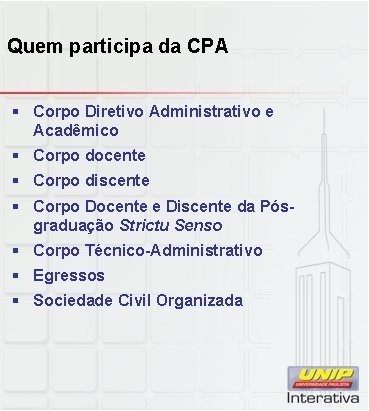 Quem participa da CPA § Corpo Diretivo Administrativo e Acadêmico § Corpo docente § Quem participa da CPA § Corpo Diretivo Administrativo e Acadêmico § Corpo docente §