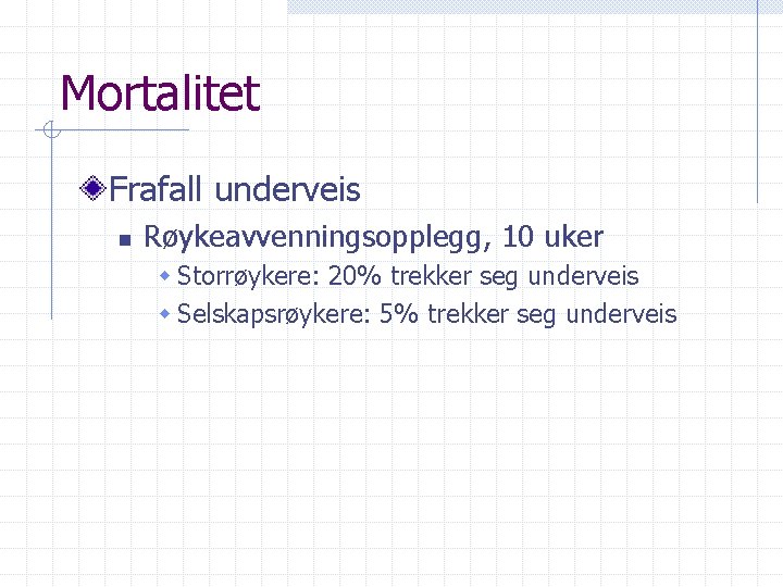 Mortalitet Frafall underveis n Røykeavvenningsopplegg, 10 uker w Storrøykere: 20% trekker seg underveis w