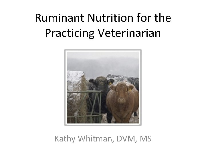 Ruminant Nutrition for the Practicing Veterinarian Kathy Whitman, DVM, MS 