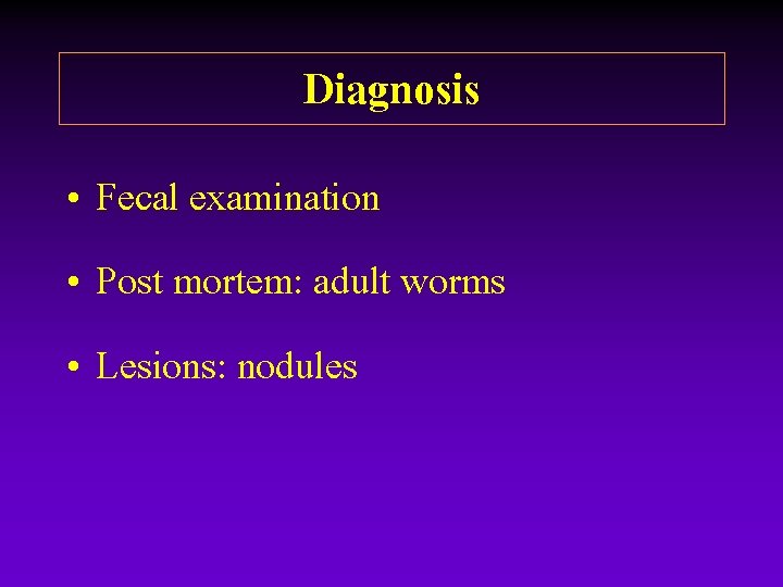 Diagnosis • Fecal examination • Post mortem: adult worms • Lesions: nodules Diagnosis • Fecal examination • Post mortem: adult worms • Lesions: nodules
