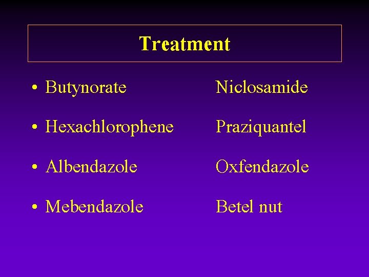 Treatment • Butynorate • Hexachlorophene • Albendazole • Mebendazole Niclosamide Praziquantel Oxfendazole Betel nut Treatment • Butynorate • Hexachlorophene • Albendazole • Mebendazole Niclosamide Praziquantel Oxfendazole Betel nut