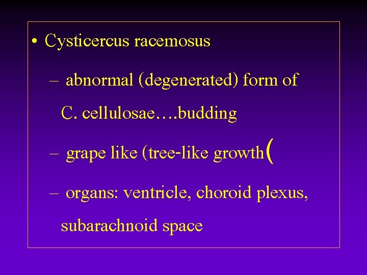 • Cysticercus racemosus – abnormal (degenerated) form of C. cellulosae…. budding – grape • Cysticercus racemosus – abnormal (degenerated) form of C. cellulosae…. budding – grape