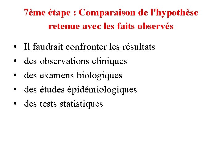 7ème étape : Comparaison de l'hypothèse retenue avec les faits observés • • •