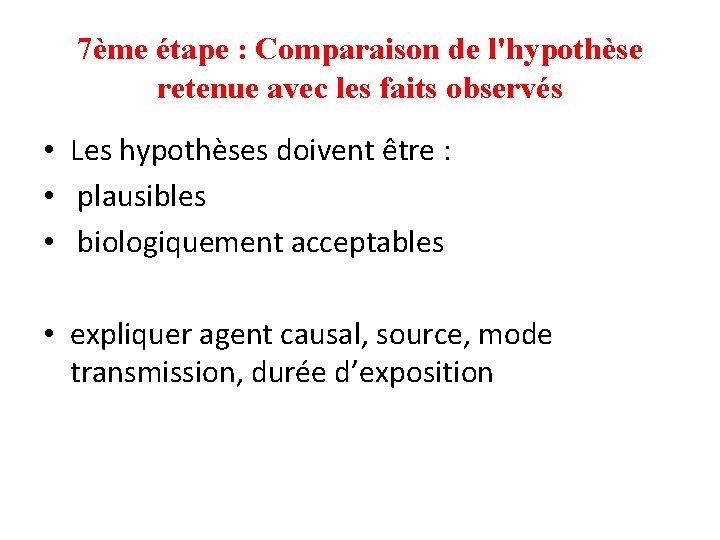 7ème étape : Comparaison de l'hypothèse retenue avec les faits observés • Les hypothèses