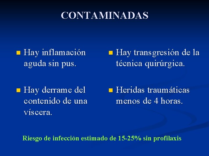 CONTAMINADAS n Hay inflamación aguda sin pus. n Hay transgresión de la técnica quirúrgica.